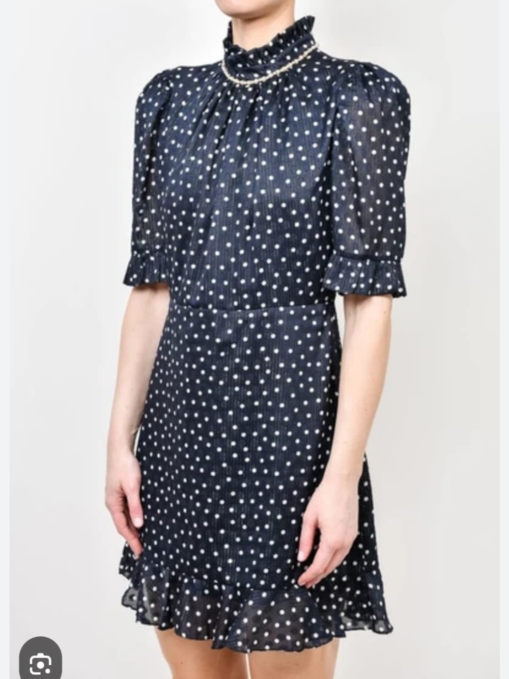 Sandro Navy and White Polka Dot Ruffled-Neck Mini Dress